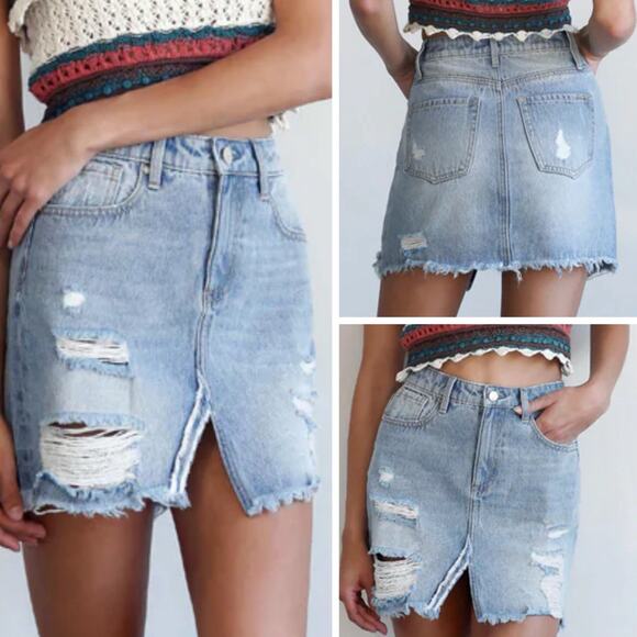 Insane Gene Jean Skirt Medium Womens Denim Distressed Mini Split Slit Mid Rise - Picture 1 of 12